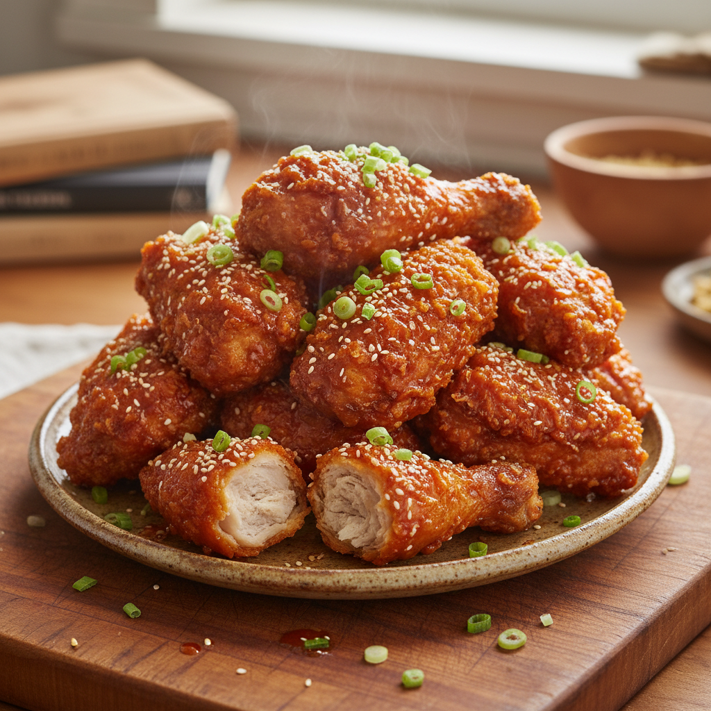A platter of golden-brown, extra crispy Korean fried chicken pieces coated in a glossy sweet and spicy glaze, garnished with green onions and sesame seeds.
