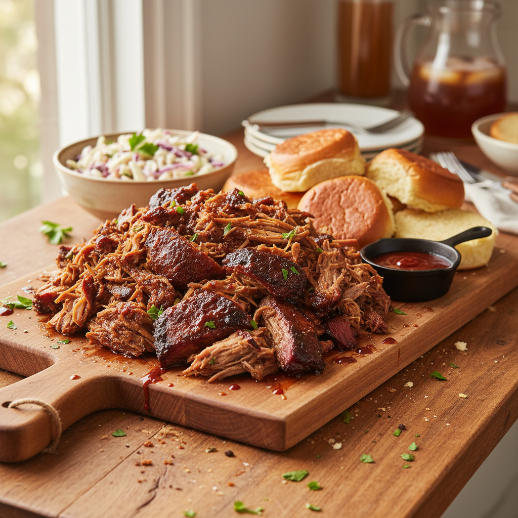 A platter of slow cooker pulled pork, brioche buns, and coleslaw, ready for a family meal.