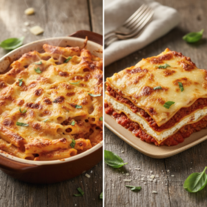 A professional food photograph showcasing a side-by-side comparison of a golden, bubbling baked ziti casserole and a layered slice of lasagna, both rich with melted cheese and red sauce.