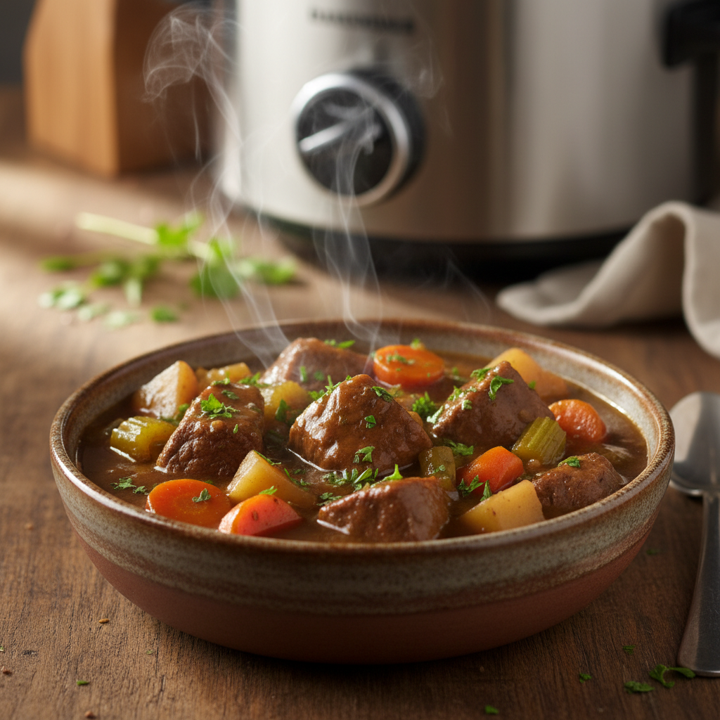 A rustic bowl of slow cooker beef stew with vegetables and fresh parsley.