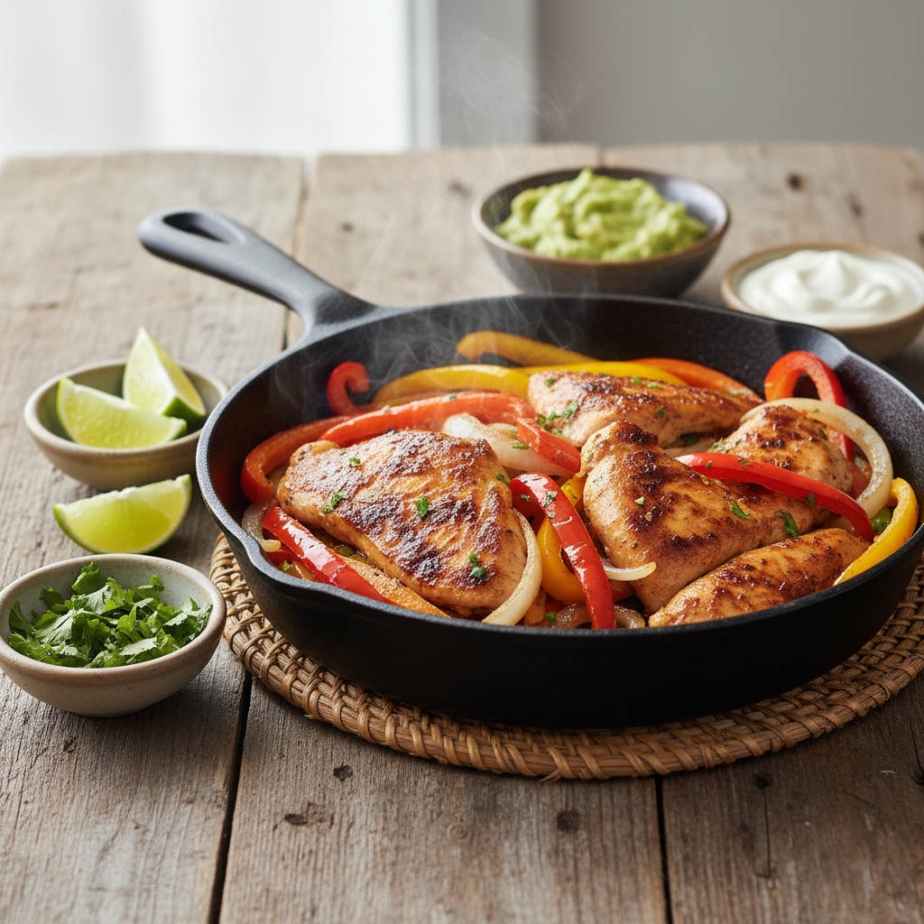 A sizzling cast iron skillet filled with golden-brown chicken fajitas, colorful bell peppers, and onions, garnished with fresh cilantro and lime wedges.