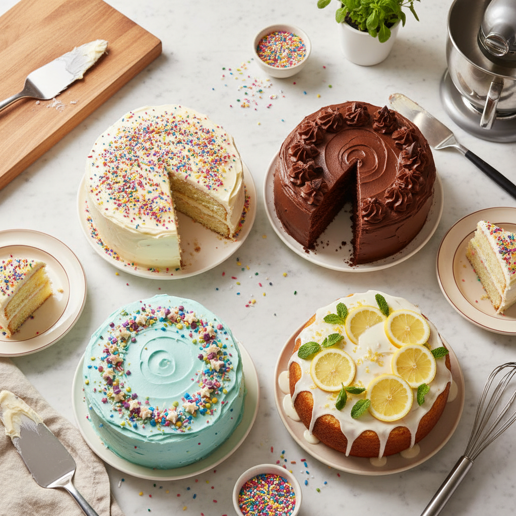 A spread of three colorful, easy-to-make birthday cakes, including vanilla, chocolate, and funfetti, styled on a bright kitchen counter.