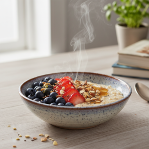 A steaming bowl of creamy oatmeal topped with fresh blueberries, sliced strawberries, and a drizzle of honey on a wooden table, photographed in a professional food photography style.