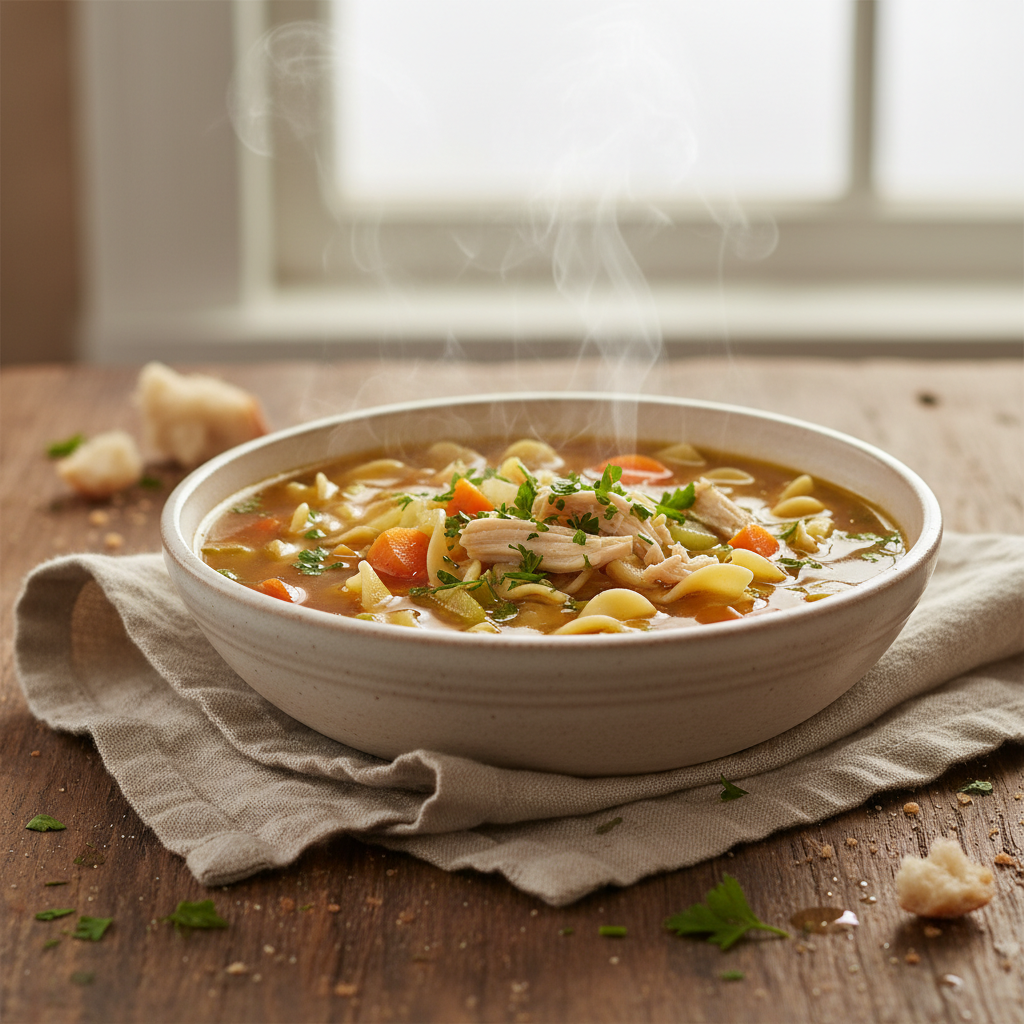 A steaming bowl of homemade chicken noodle soup, garnished with fresh parsley, sitting on a rustic wooden table.