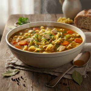 A steaming bowl of homemade chicken noodle soup with chicken, noodles, carrots, celery, and fresh parsley.