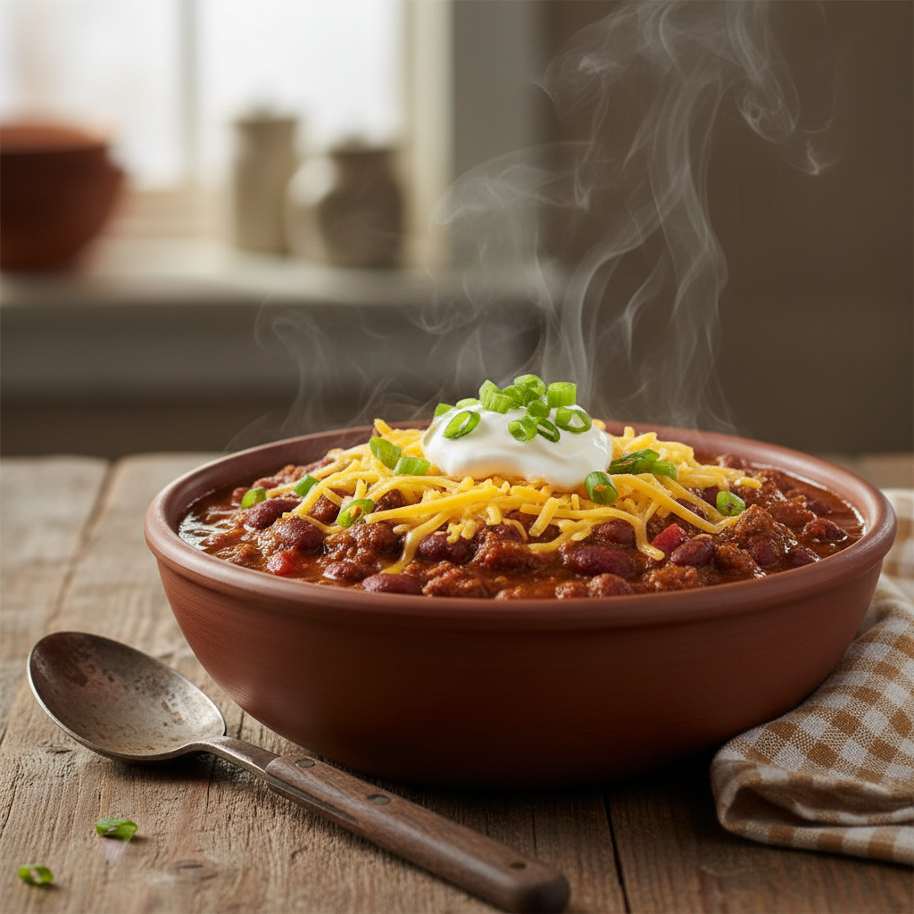 A steaming bowl of slow cooker chili topped with cheese, sour cream, and green onions.