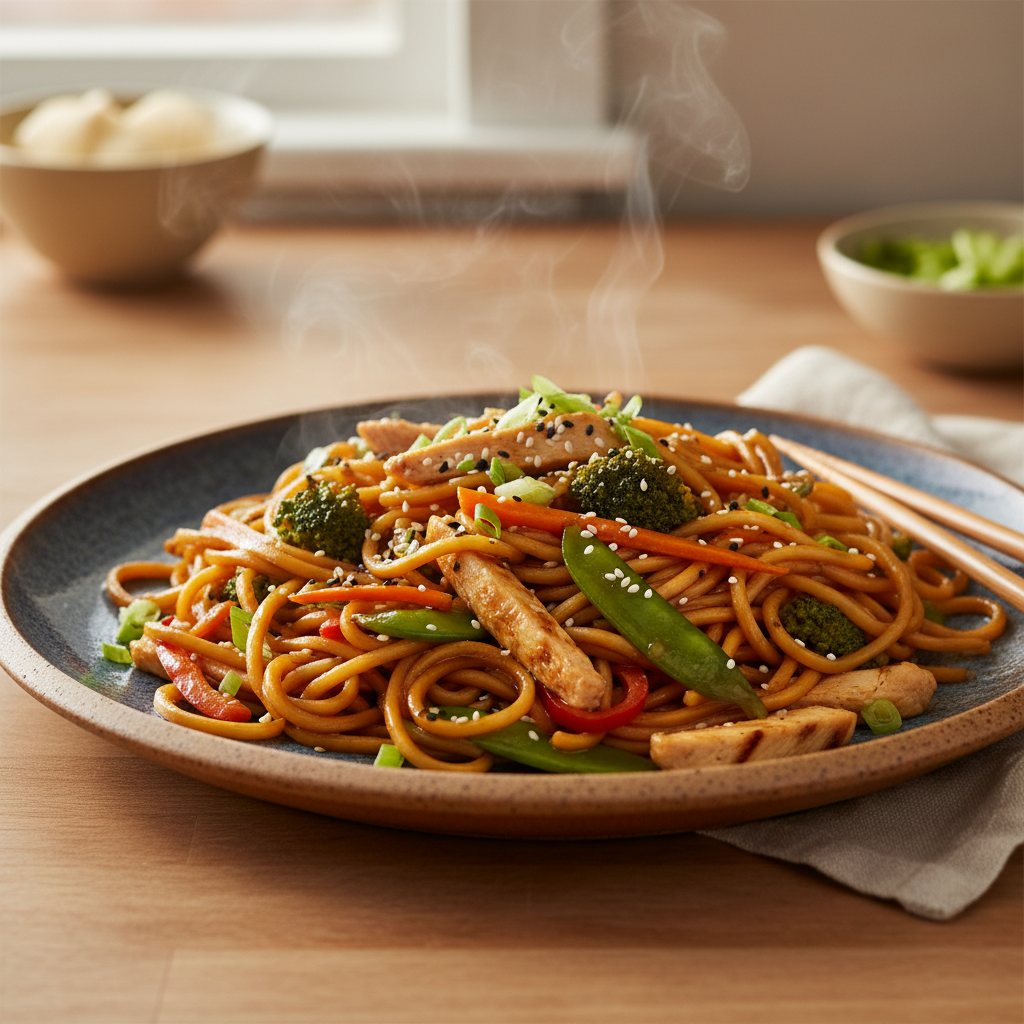 A steaming plate of homemade chicken chow mein with noodles, chicken, and colorful vegetables, garnished with green onions.