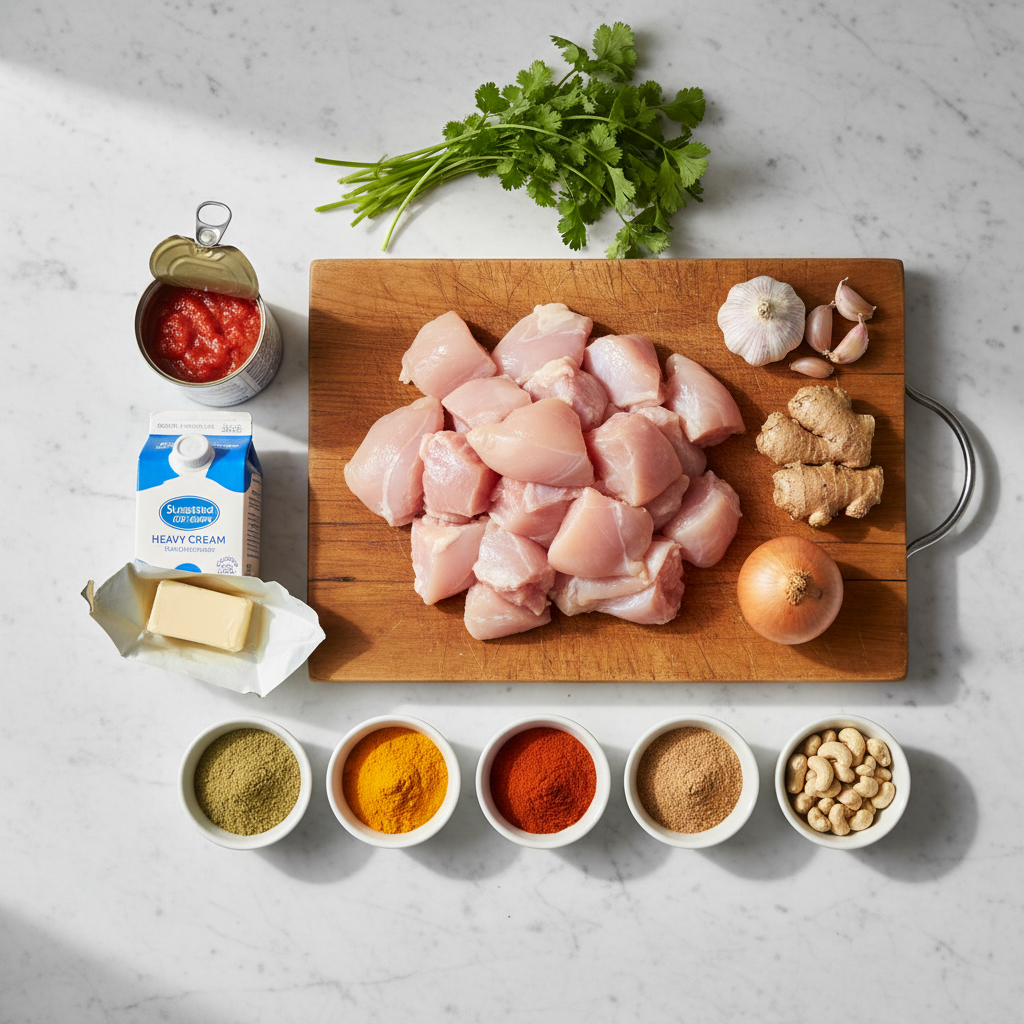 A top-down view of fresh ingredients for butter chicken, including chicken, tomatoes, cream, butter, and various spices.