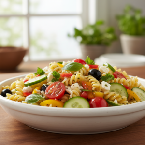 A vibrant, colorful pasta salad with rotini, fresh vegetables, feta cheese, and herbs in a white ceramic bowl, ready to be served.