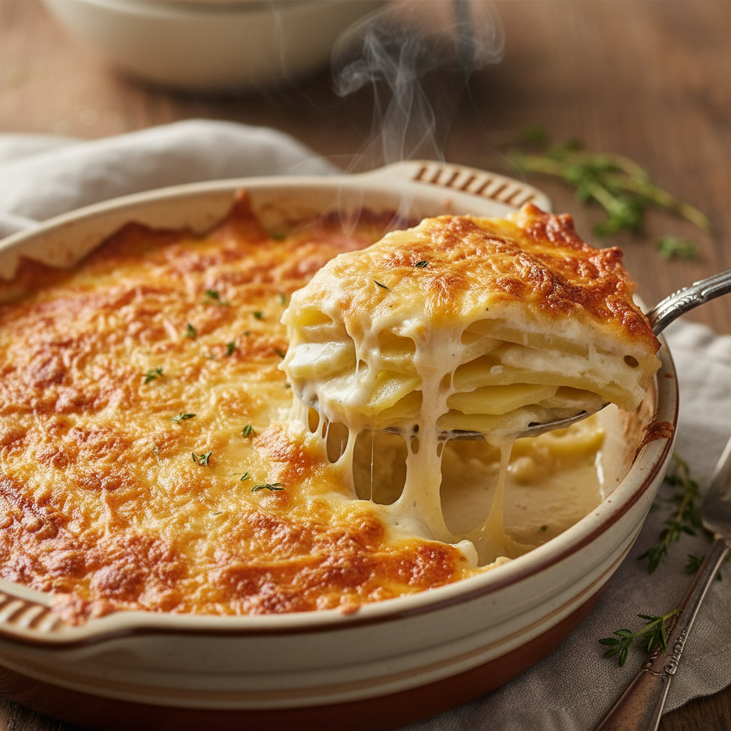 A warm, bubbling dish of creamy, cheesy potato gratin, with a serving spoon lifting a portion.