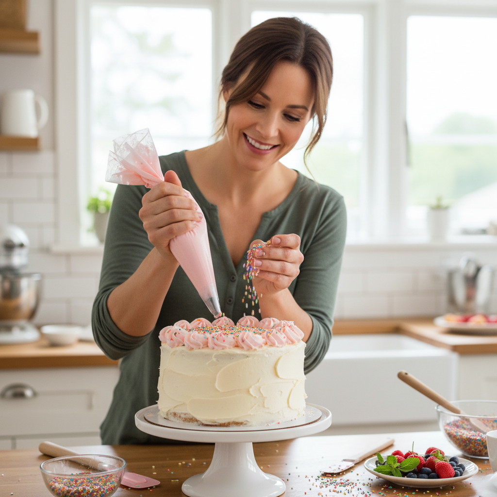 A woman in a home kitchen happily decorating a birthday cake with frosting and sprinkles, demonstrating an easy technique.