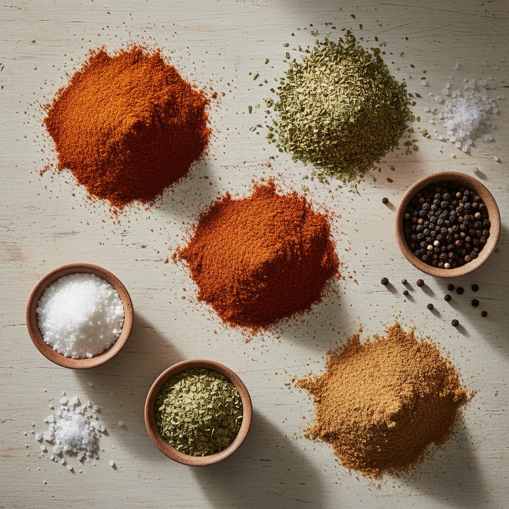 An overhead flat lay of various vibrant, individual spices like chili powder, cumin, and paprika arranged on a wooden table, ready for homemade taco seasoning.