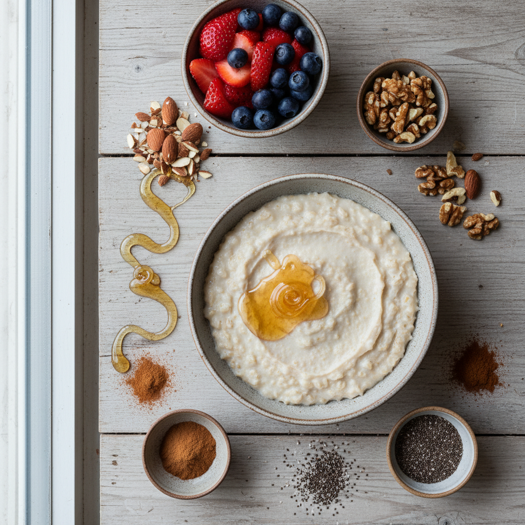 An overhead shot of a bowl of oatmeal surrounded by small dishes of colorful toppings like fresh berries, nuts, and honey.