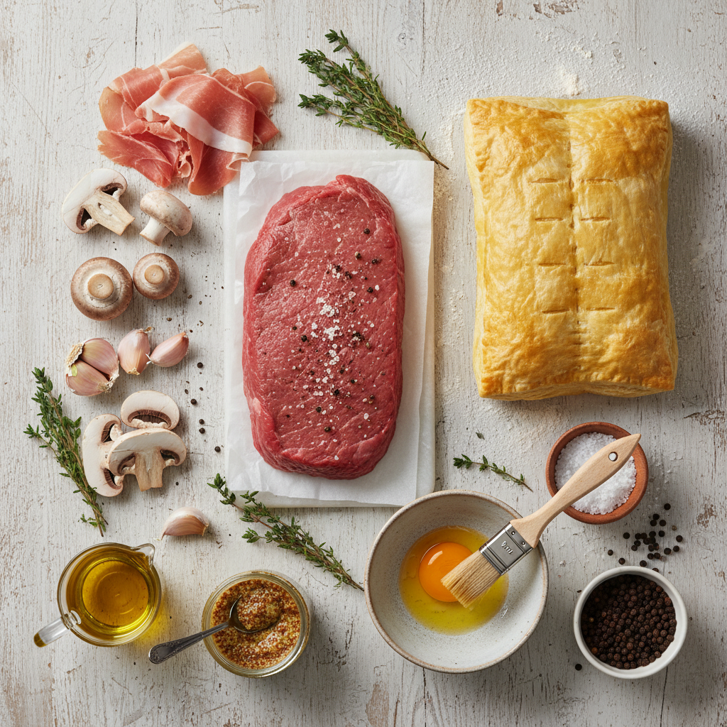 An overhead shot of all fresh ingredients for Beef Wellington, neatly arranged on a wooden table.