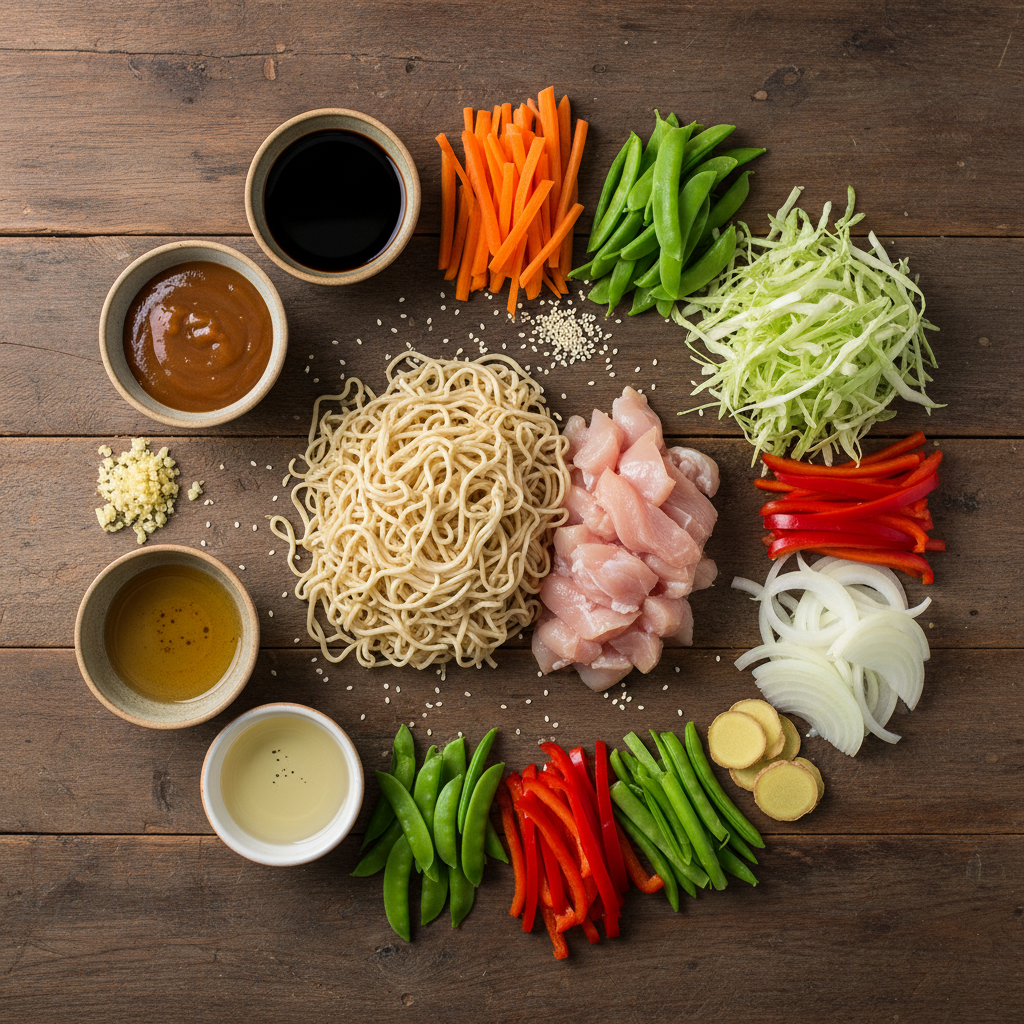 An overhead shot of fresh ingredients for chicken chow mein, including sliced chicken, noodles, colorful vegetables, and various sauces, neatly arranged on a kitchen counter.
