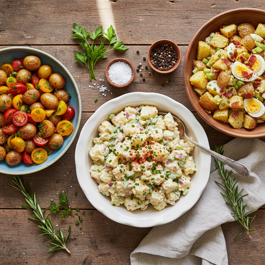 An overhead view of three distinct potato salads, showcasing various styles like a classic creamy one, a vibrant herby one, and a hearty deli-style version, arranged on a rustic wooden table.