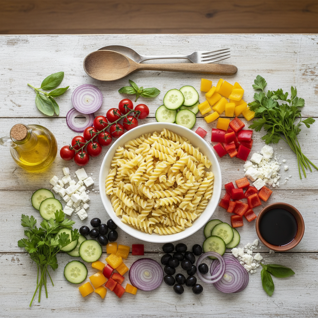 An overhead view of various fresh ingredients for pasta salad, including pasta, colorful vegetables, feta cheese, and herbs, arranged on a wooden table.