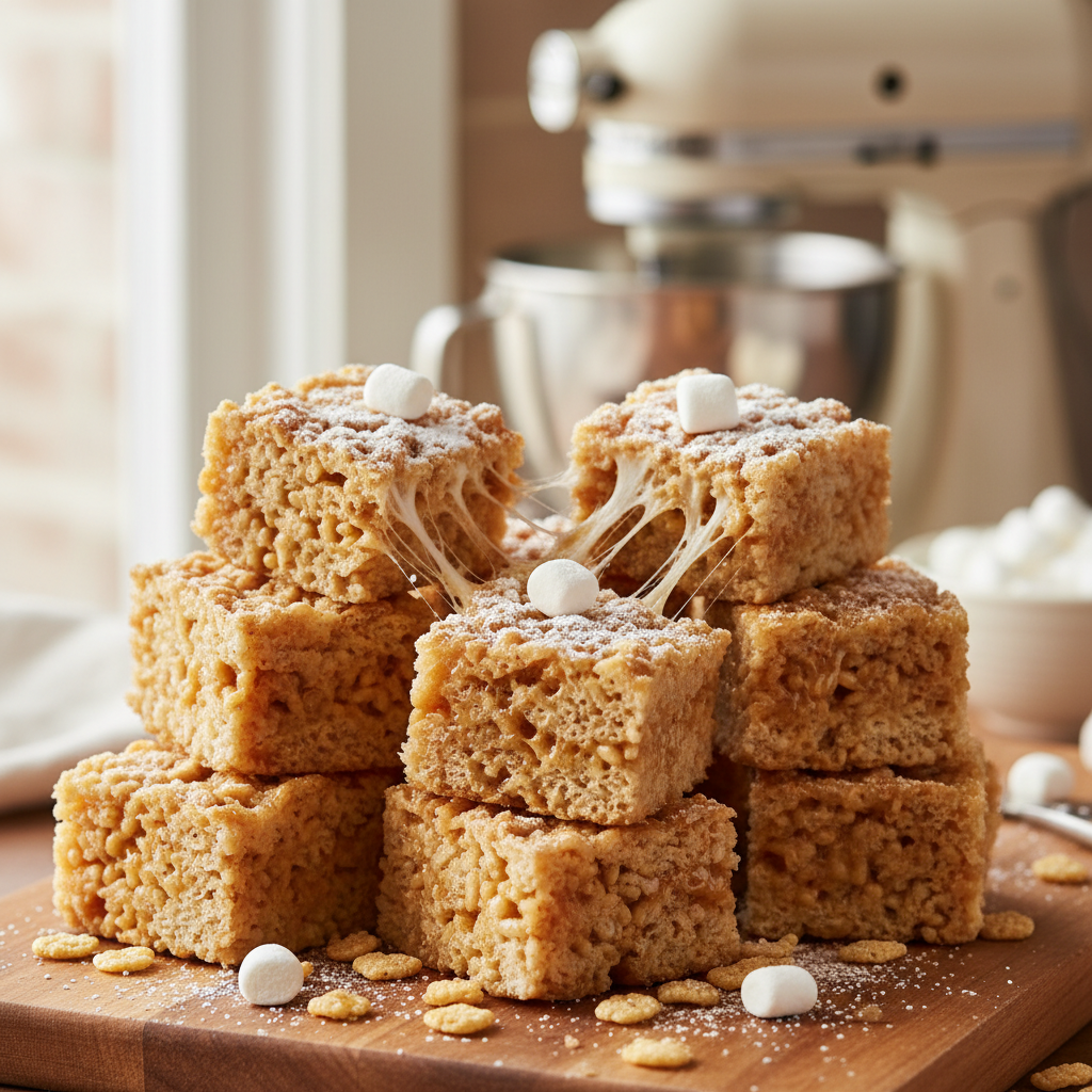 Close-up of perfectly gooey and chewy Rice Krispie Treats stacked on a wooden surface in a warm kitchen setting.