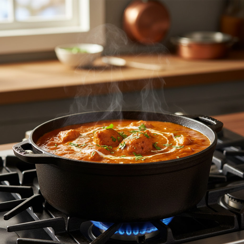 Creamy, delicious butter chicken simmering in a pot, garnished with a swirl of cream and fresh cilantro.