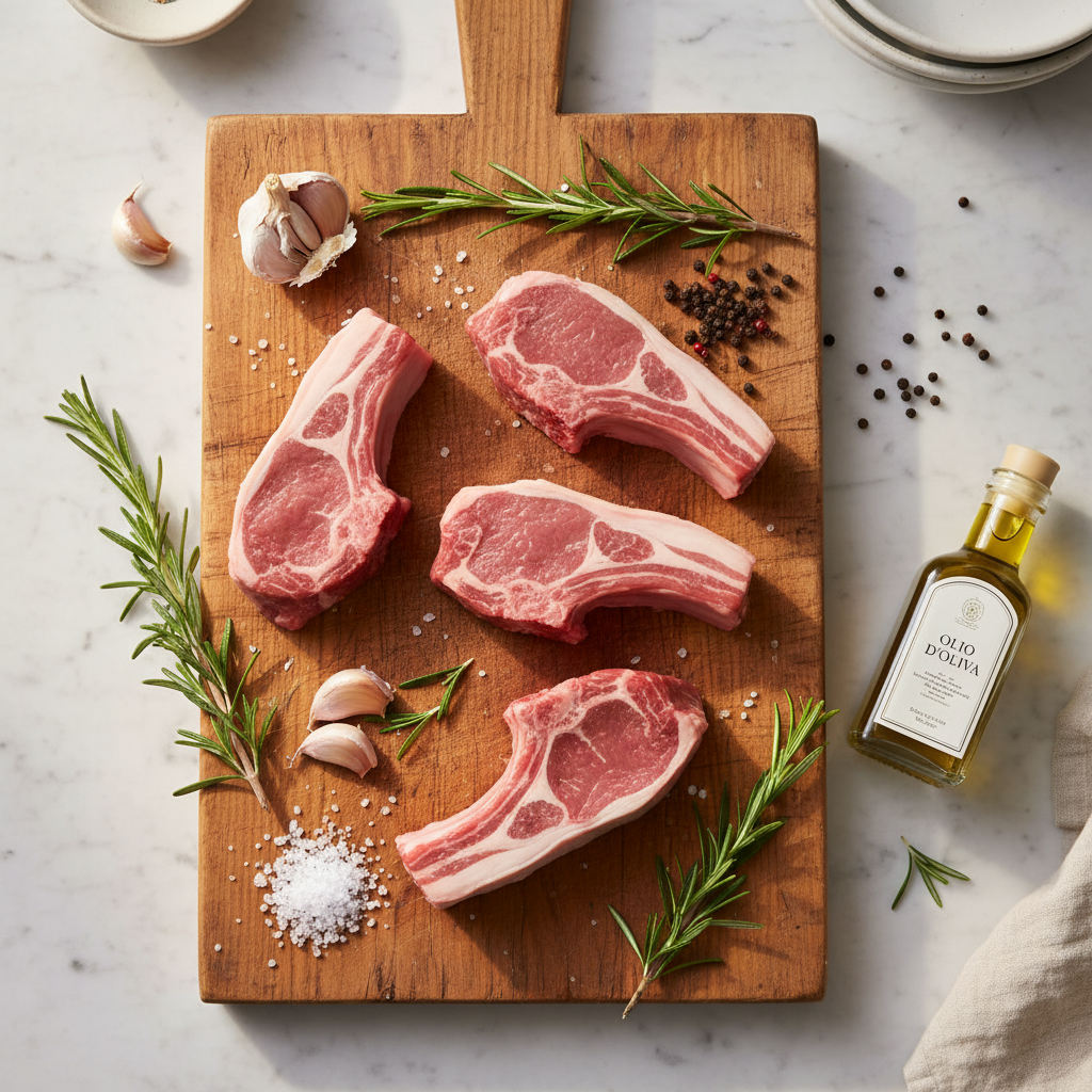 Fresh lamb loin chops, rosemary, garlic, salt, pepper, and olive oil beautifully arranged on a wooden board.