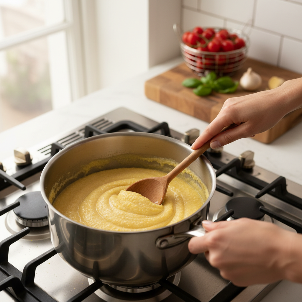 Hands stirring creamy polenta in a stainless steel pot on a stove.