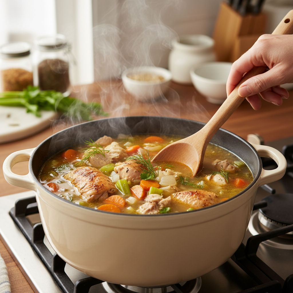 Homemade chicken soup simmering gently in a large pot on a stovetop, with a hand stirring it with a wooden ladle.