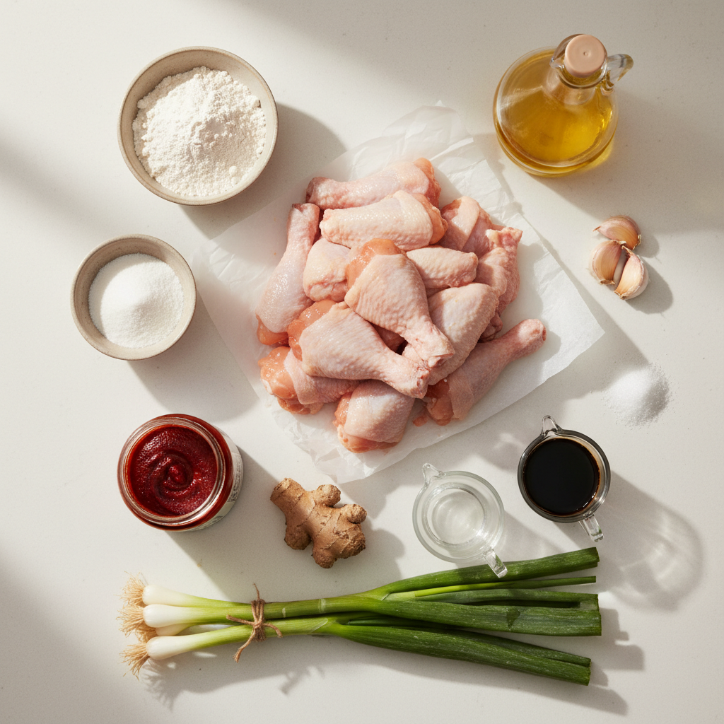 Overhead flat lay of Korean fried chicken ingredients including raw chicken, flour, gochujang, and spices, neatly arranged on a counter.