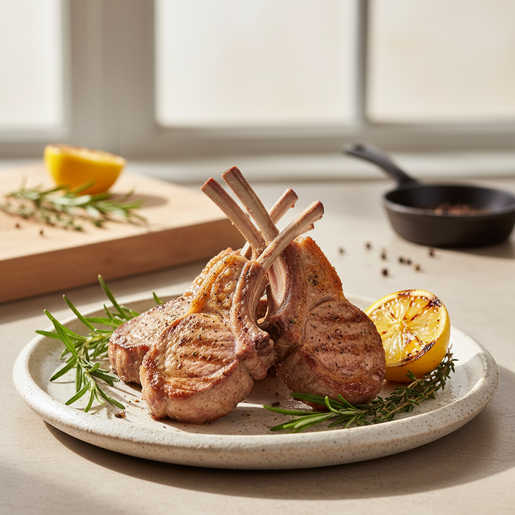 Perfectly pan-seared lamb chops garnished with fresh rosemary, thyme, and a lemon wedge on a white plate, ready to be enjoyed.