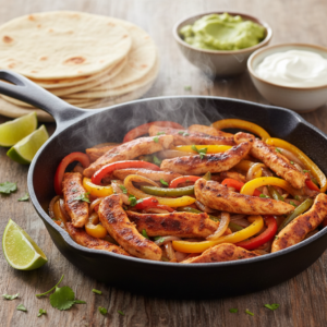 Sizzling chicken fajitas in a cast iron skillet with colorful bell peppers and onions, served with warm tortillas and fresh lime wedges.