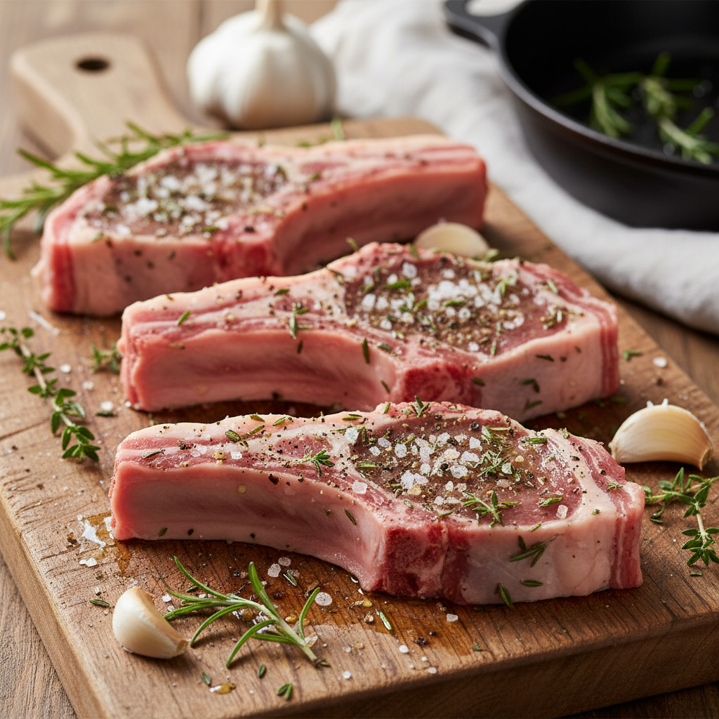 Three raw lamb chops seasoned with herbs and spices on a wooden cutting board, ready for cooking.
