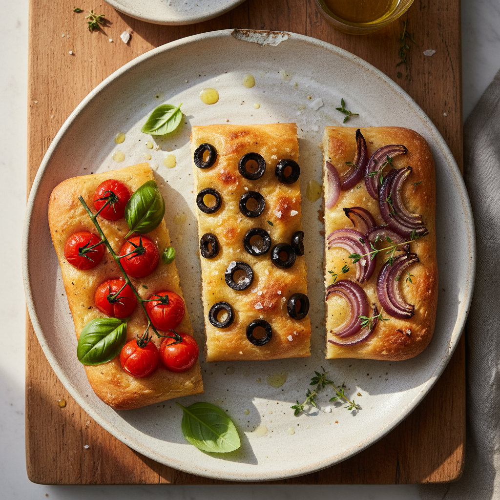 Three slices of focaccia bread with different savory toppings: cherry tomatoes and basil, black olives, and caramelized onions with thyme.