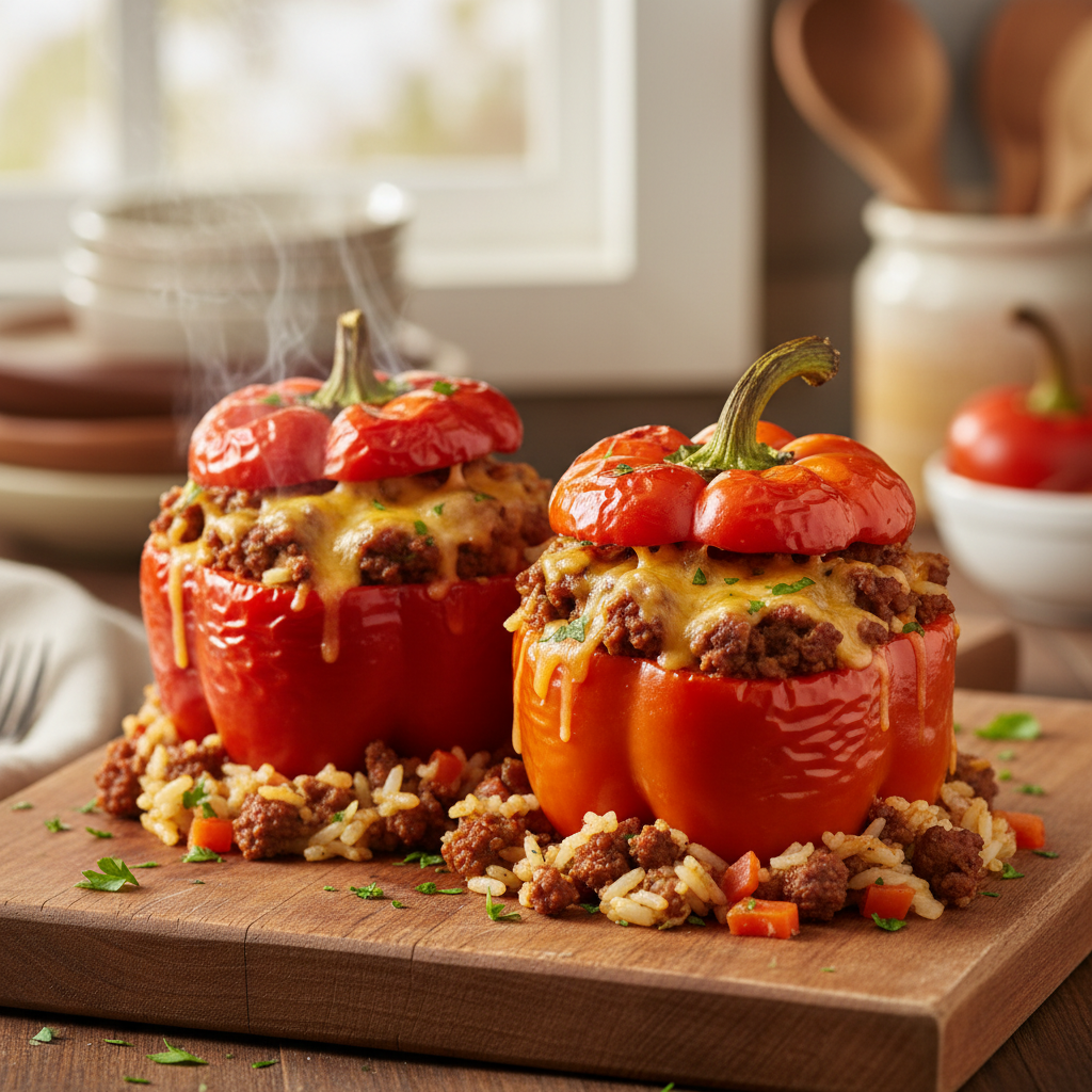 Two golden-brown classic stuffed bell peppers, garnished with parsley, served on a wooden board in a warm kitchen setting.