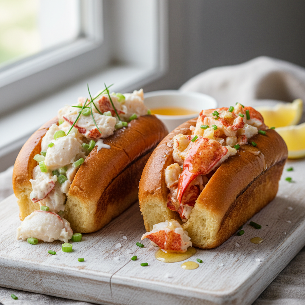 Two lobster rolls side-by-side: a cold Maine-style with mayo and a warm Connecticut-style with butter, both in toasted buns and garnished with chives.
