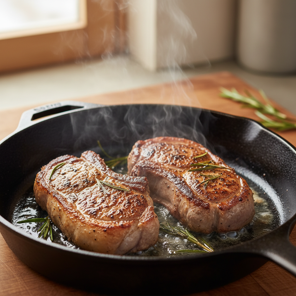 Two pan-frying lamb chops sizzling in a cast iron skillet, developing a golden-brown crust.