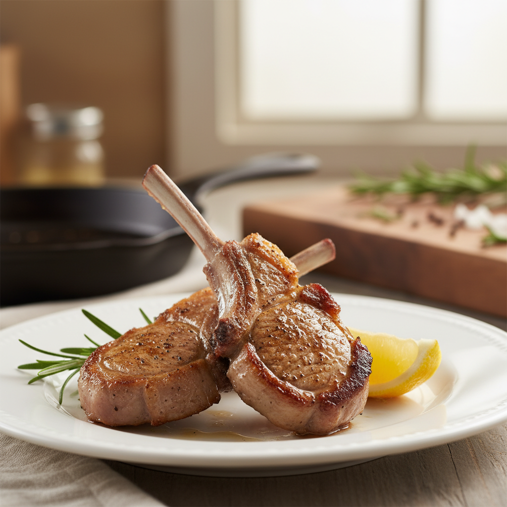 Two perfectly pan-seared lamb chops, golden-brown and garnished with fresh rosemary and a lemon wedge, on a white plate.